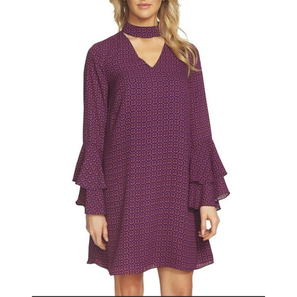 Cece Geo Print Mock Neck Choker Shift Mini Dress Womens M 8 Ruffle Bell Sleeve